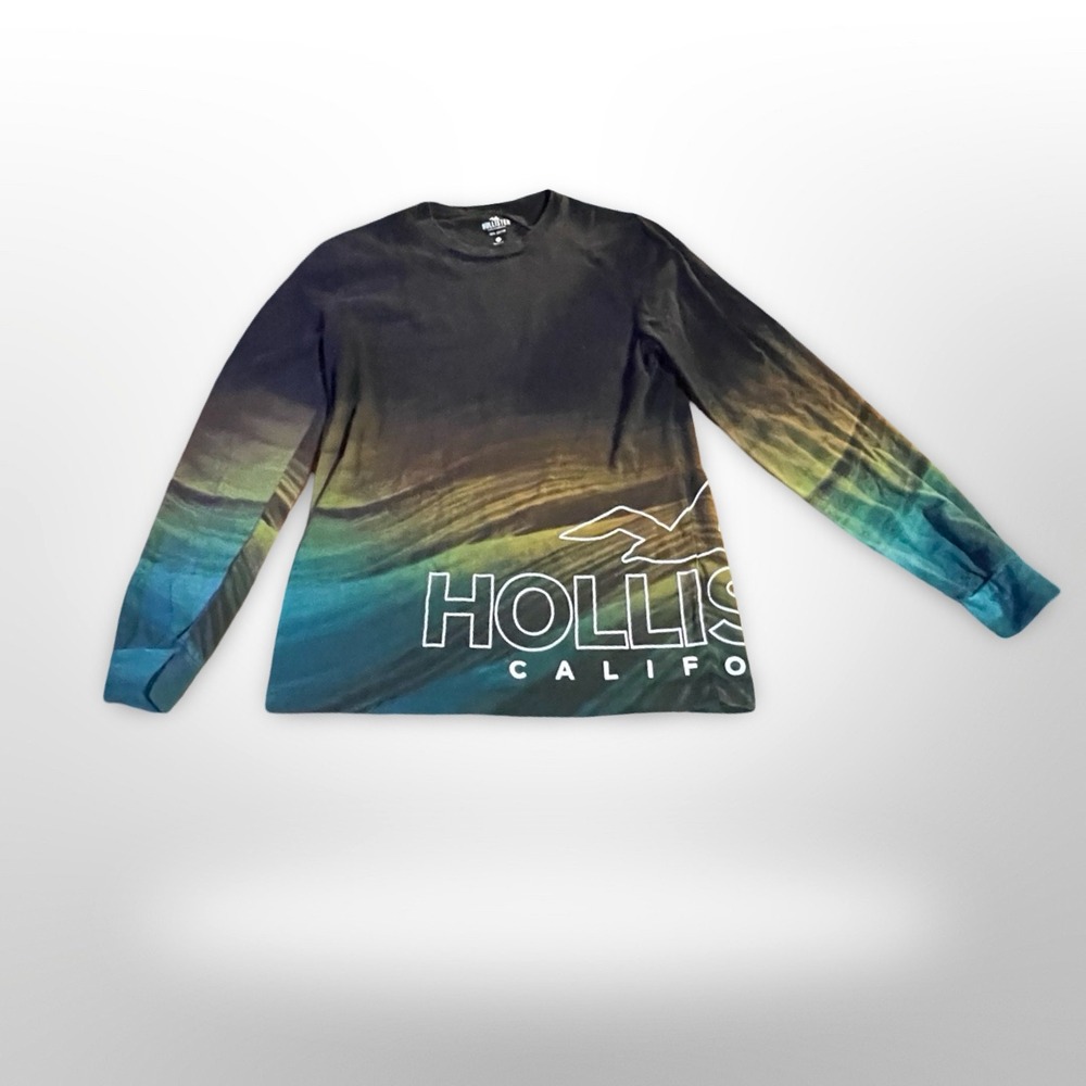 Hollister California Long Sleeve Graphic Tee Ombre Fade Black Blue Green XS